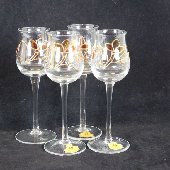 Crystal Cordial Sherry Apertif Stemmed Glasses Stained Glass Look Leaf Motif Set - Picture 1 of 8